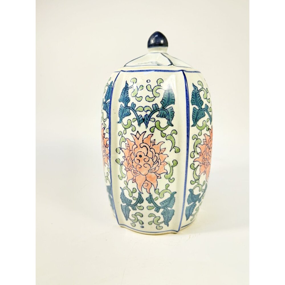 Ginger Temple Jar Lidded Vintage Chinoiserie Blue White Pink Rose pattern Home S - Picture 11 of 16